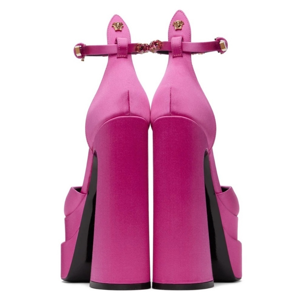 VERSACE Decollete Pink Lemonade Satin Platform Crystal Pointy Heels EU 40 - Picture 3 of 16
